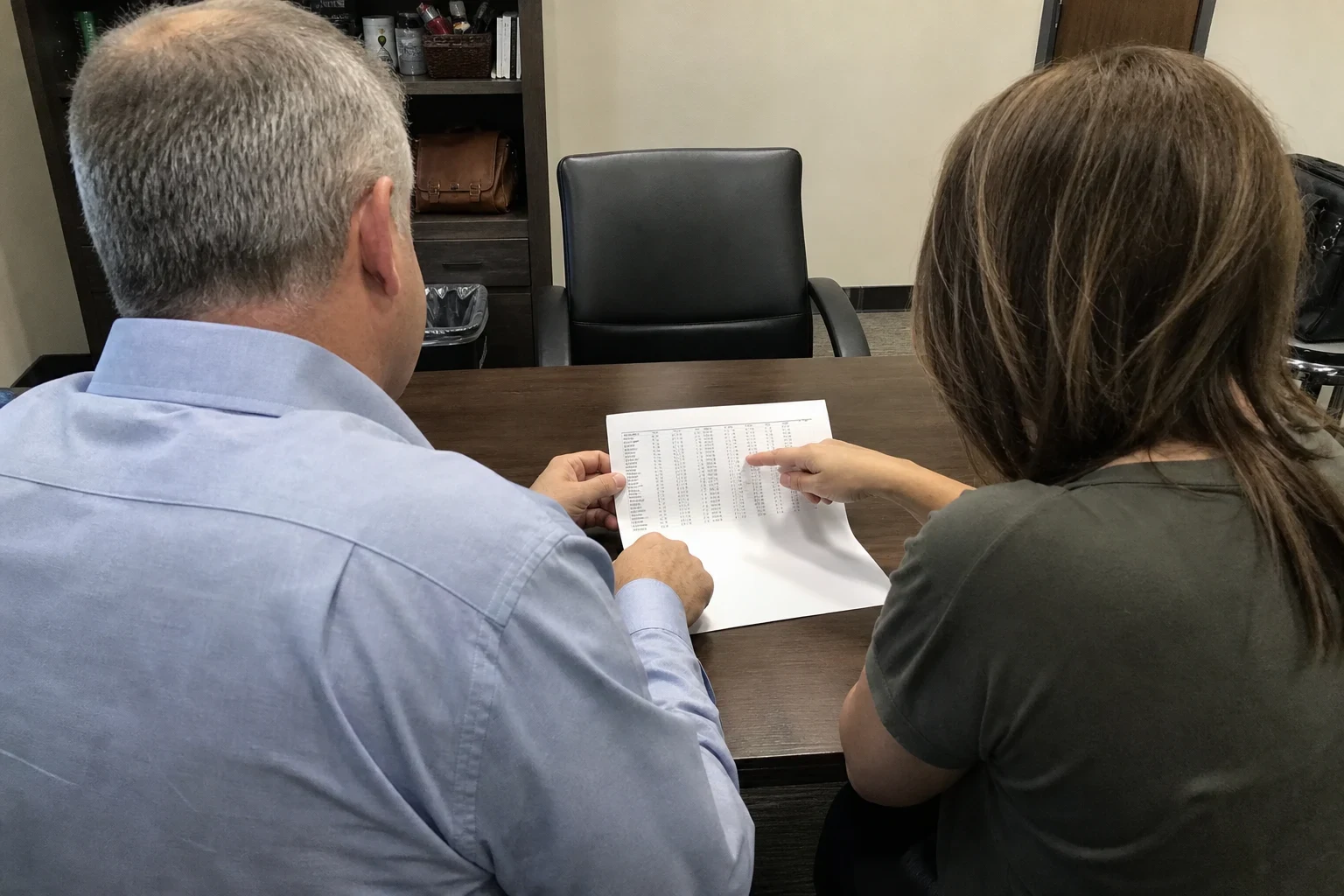 Two people seen from behind at a dark wood office table, one pointing to columns of figures on a printed page, with an empty black chair and bookshelf beyond