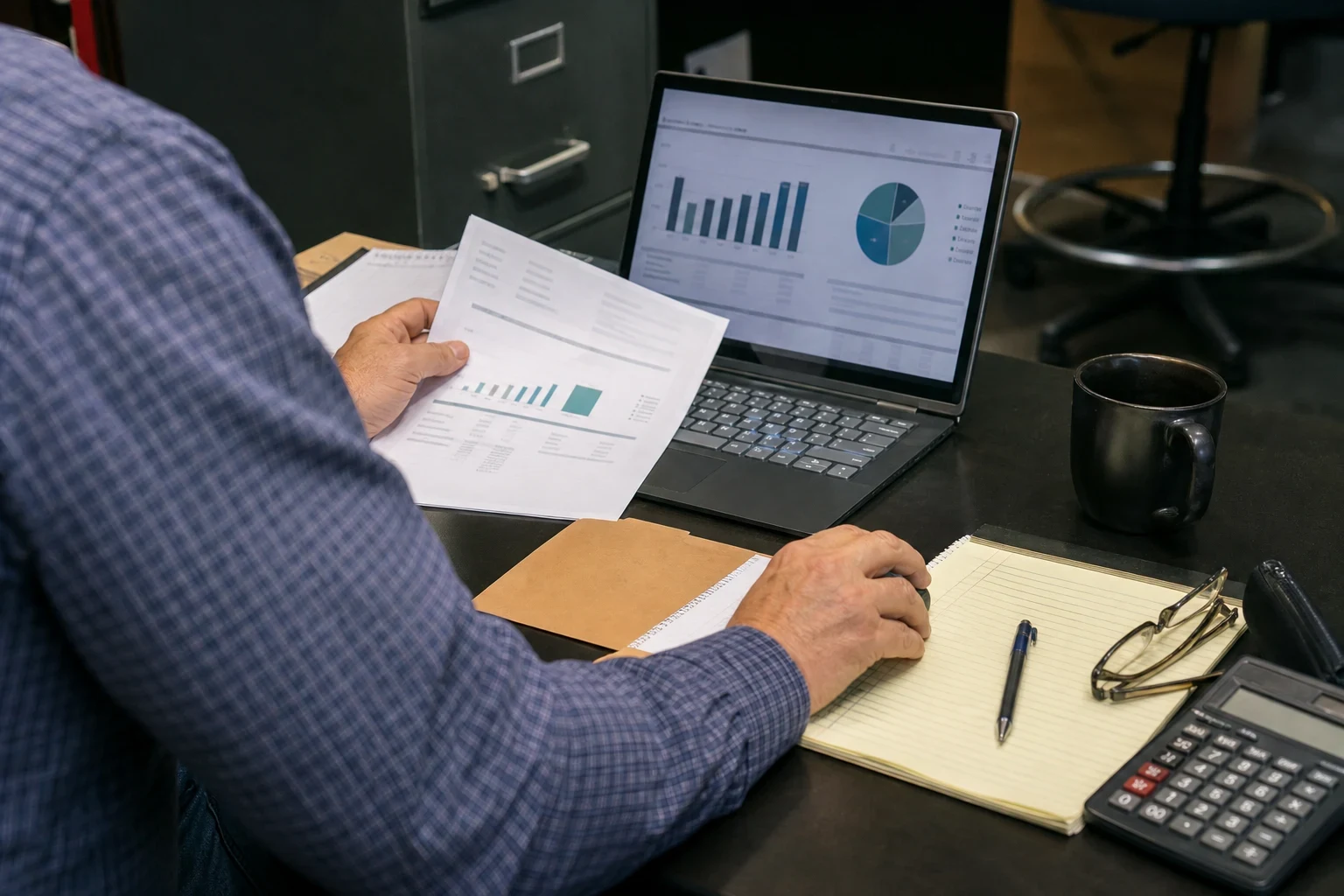 Over-the-shoulder view of a man in a plaid shirt reviewing a printed chart beside a laptop, legal pad, calculator and coffee mug at an office desk