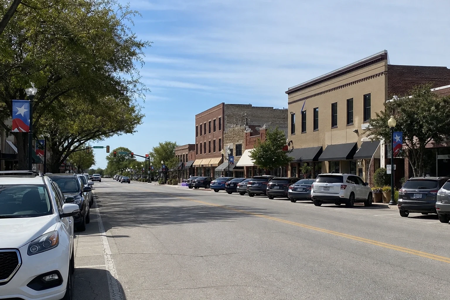 Sunny main street lined with brick storefronts, awnings, trees and star banners on lamp posts, with cars parked along both sides of the road